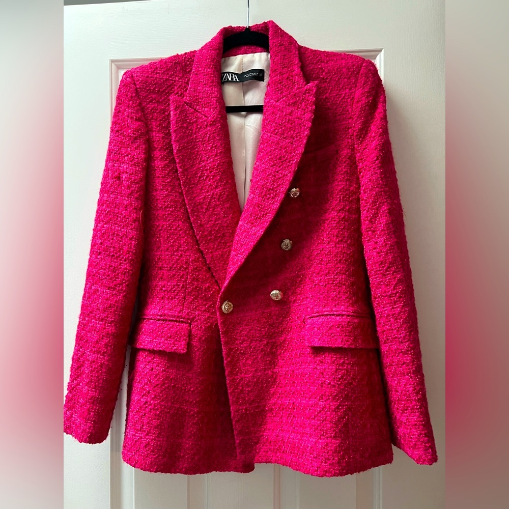 Zara pique tweed 90’s blazer in fuchsia